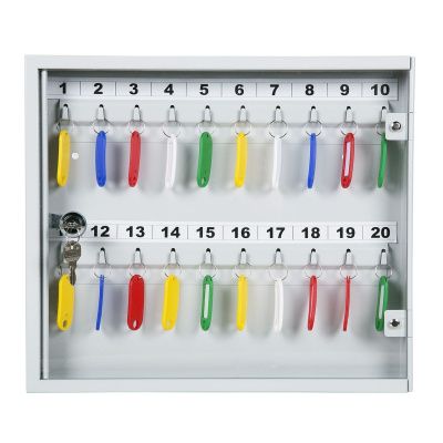 Ключница с прозрачной дверцей КЛС-20 (фото), внешние размеры: 300x355х40 мм., кол-во ключей: 20 шт., цвет: Светло-серый структурированный.