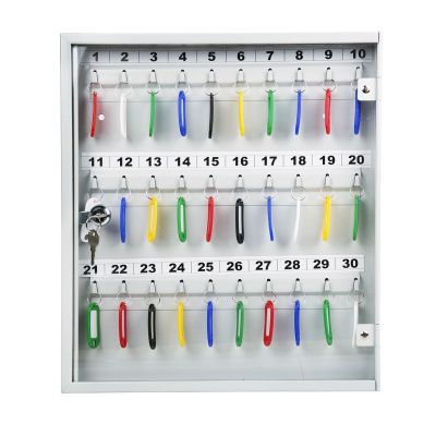 Ключница с прозрачной дверцей КЛС-30 (фото), внешние размеры: 400х355х40 мм., кол-во ключей: 30 шт., цвет: Светло-серый структурированный.