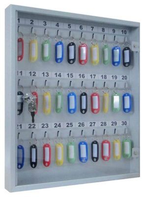 Ключница с прозрачной дверцей КЛС-30 (фото), внешние размеры: 400х355х40 мм., кол-во ключей: 30 шт., цвет: Светло-серый структурированный.