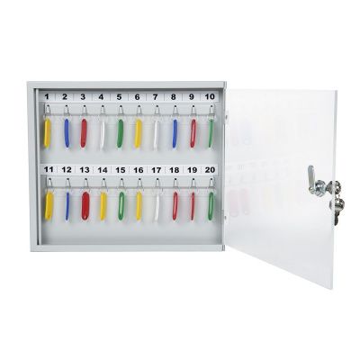 Ключница с прозрачной дверцей КЛС-20 (фото), внешние размеры: 300x355х40 мм., кол-во ключей: 20 шт., цвет: Светло-серый структурированный.