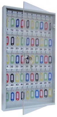 Ключница с прозрачной дверцей КЛС-50 (фото), внешние размеры: 600х355х40 мм., кол-во ключей: 50 шт., цвет: Светло-серый структурированный.