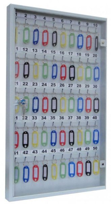 Ключница с прозрачной дверцей КЛС-50 (фото), внешние размеры: 600х355х40 мм., кол-во ключей: 50 шт., цвет: Светло-серый структурированный.