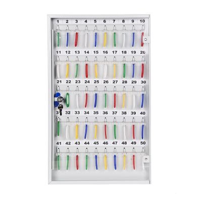 Ключница с прозрачной дверцей КЛС-50 (фото), внешние размеры: 600х355х40 мм., кол-во ключей: 50 шт., цвет: Светло-серый структурированный.