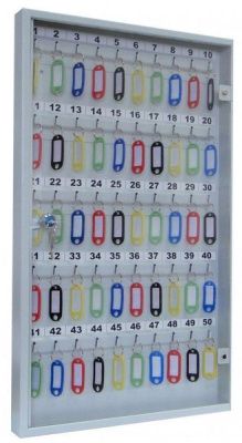 Ключница с прозрачной дверцей КЛС-50 (фото), внешние размеры: 600х355х40 мм., кол-во ключей: 50 шт., цвет: Светло-серый структурированный.