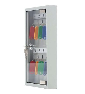 Ключница с прозрачной дверцей КЛС-10 (фото), внешние размеры: 300x200х40 мм., кол-во ключей: 10 шт., цвет: Светло-серый структурированный.